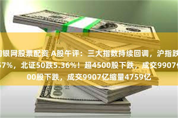 淘银网股票配资 A股午评：三大指数持续回调，沪指跌1.6%创指跌3.57%，北证50跌5.36%！超4500股下跌，成交9907亿缩量4759亿